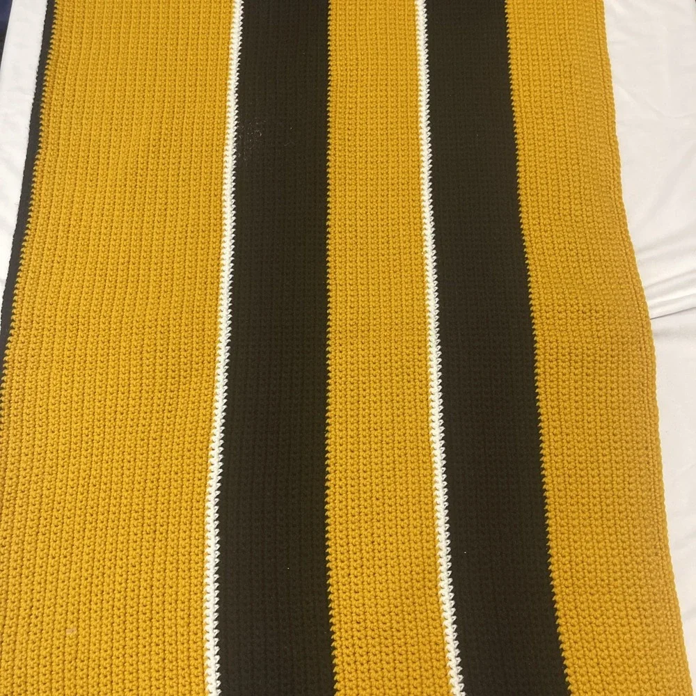 Vintage Handmade Afghan‎ Blanket Throw Crochet Knit Striped BLACK & GOLD 66